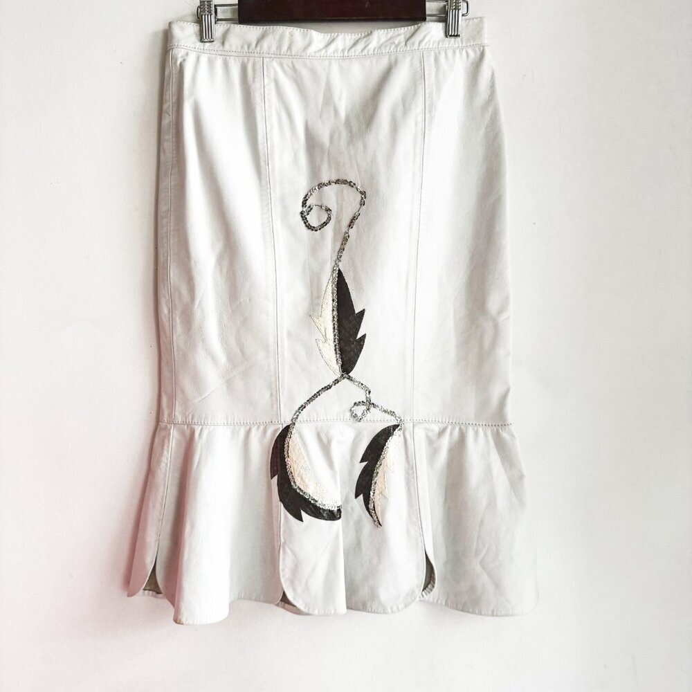 Vintage Kristin P Fashions White Leather Embroidered Sequin Skirt 10 - Picture 2 of 9